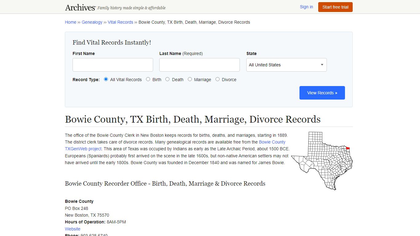 Bowie County, TX Birth, Death, Marriage, Divorce Records - Archives.com